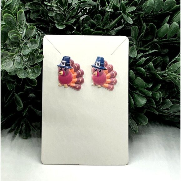 Thanksgiving Turkey Stud Earrings With Pilgrim Hats - Picture 4 of 4